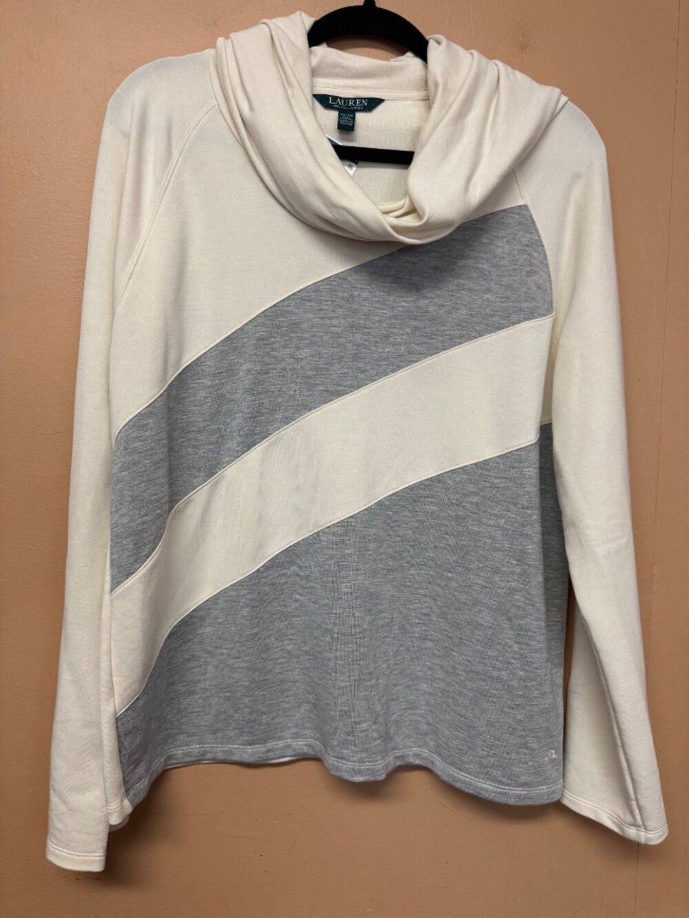 Lauren Ralph Lauren XL Colorblock Cowl Neck Sweater Knit Tunic Top Gray Ivory